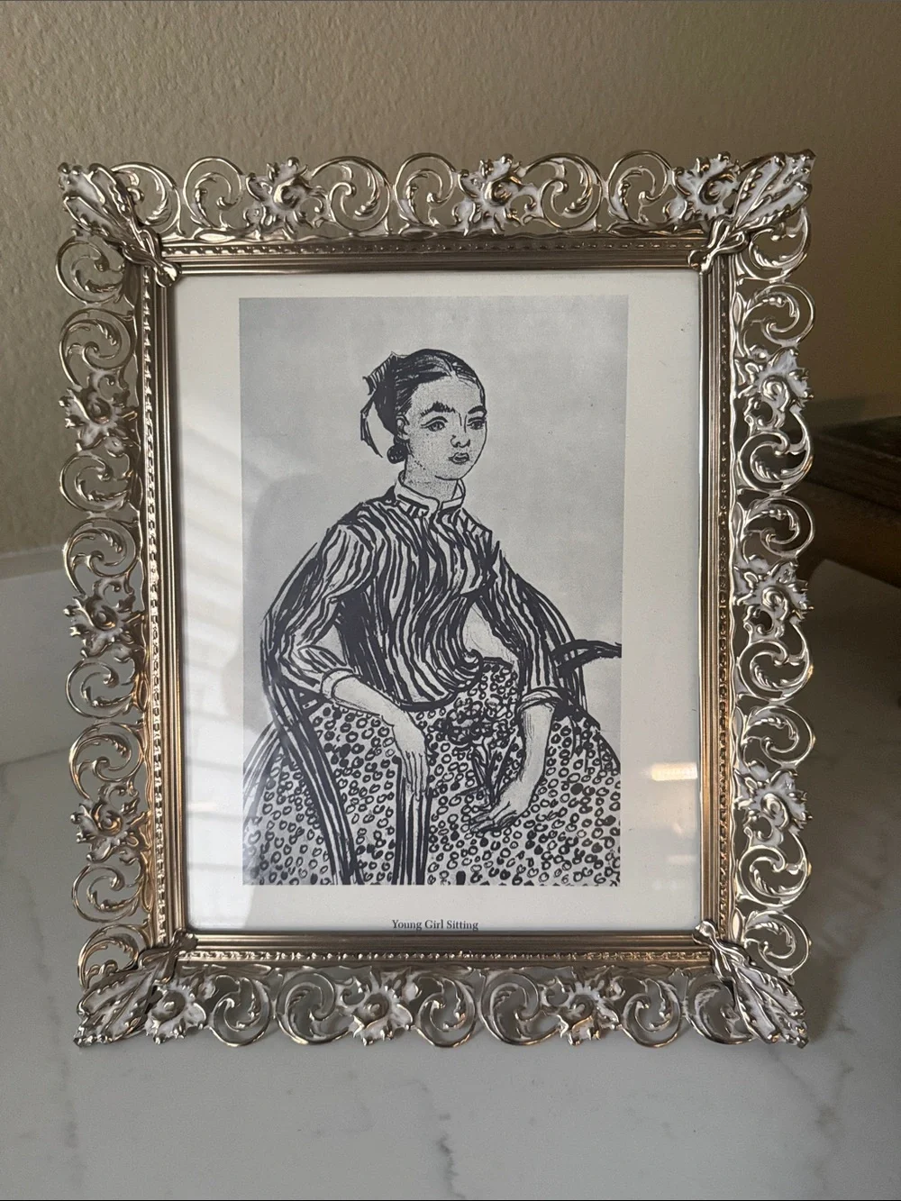 Vintage Gold Tone Ornate Picture Frame with Van Gogh Pencil Art